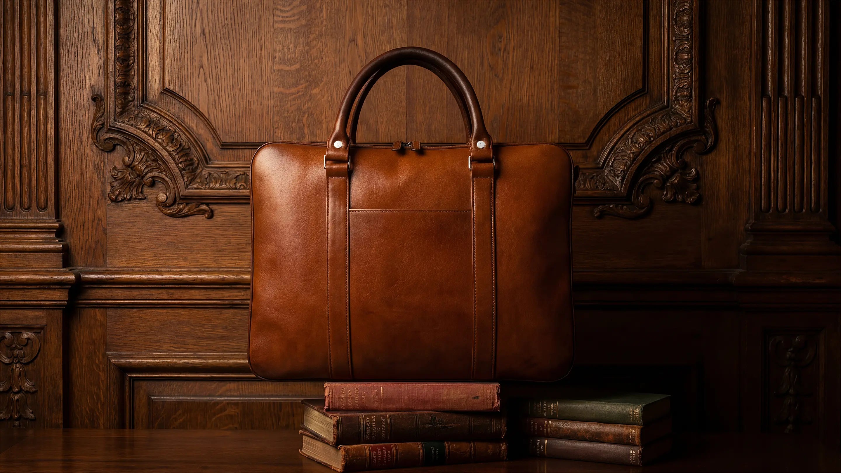 an old Lunburg Opus Briefcase in Deep Mahogany resting against ornate carved oak paneling beside antique leather-bound books, the enduring worth of vegetable-tanned Perpetual Leather with folded edge construction presented as an object worthy of inheritance.