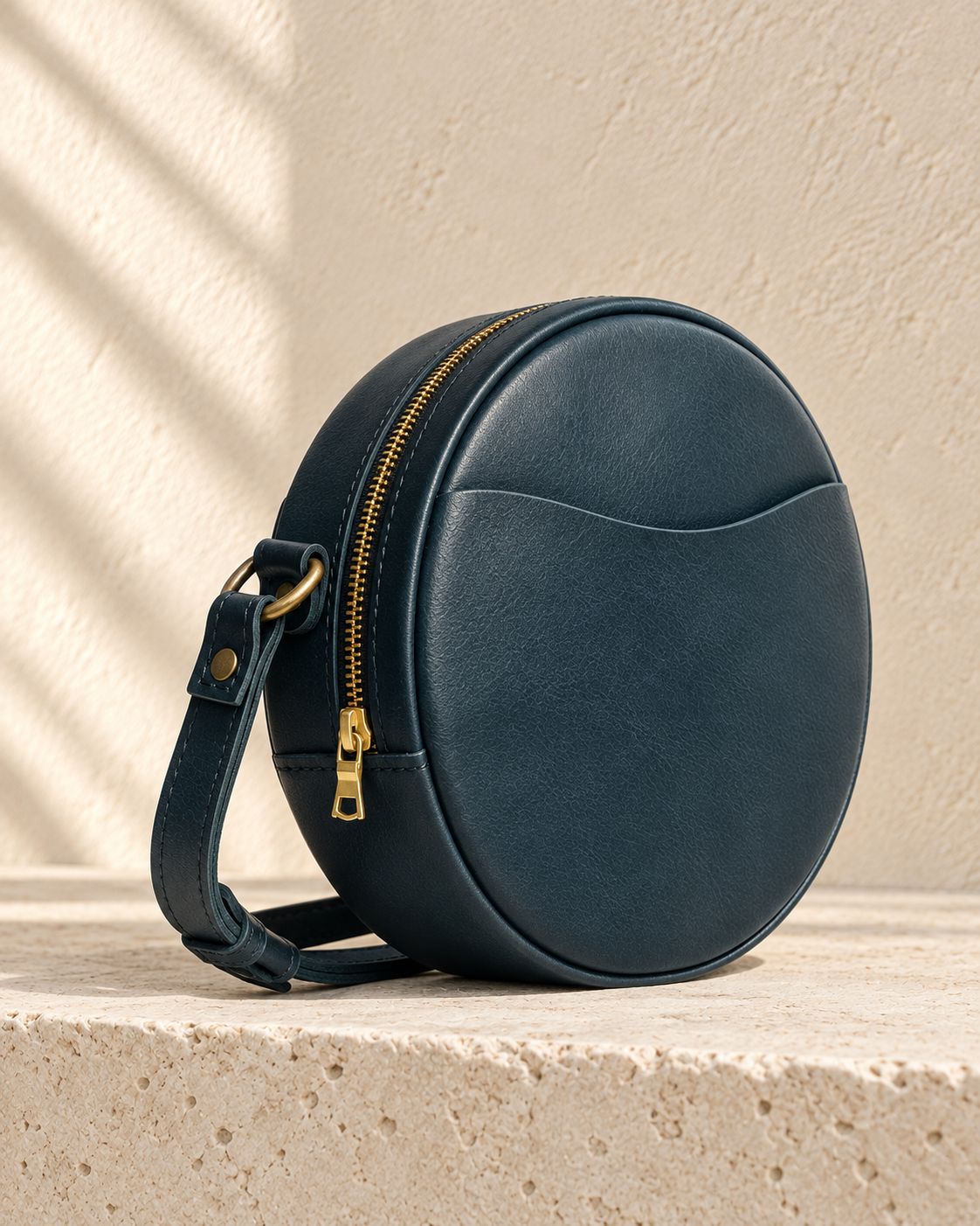 Three-quarter view of the illustrative circular crossbody showing the curved perimeter band, piping and front pocket.