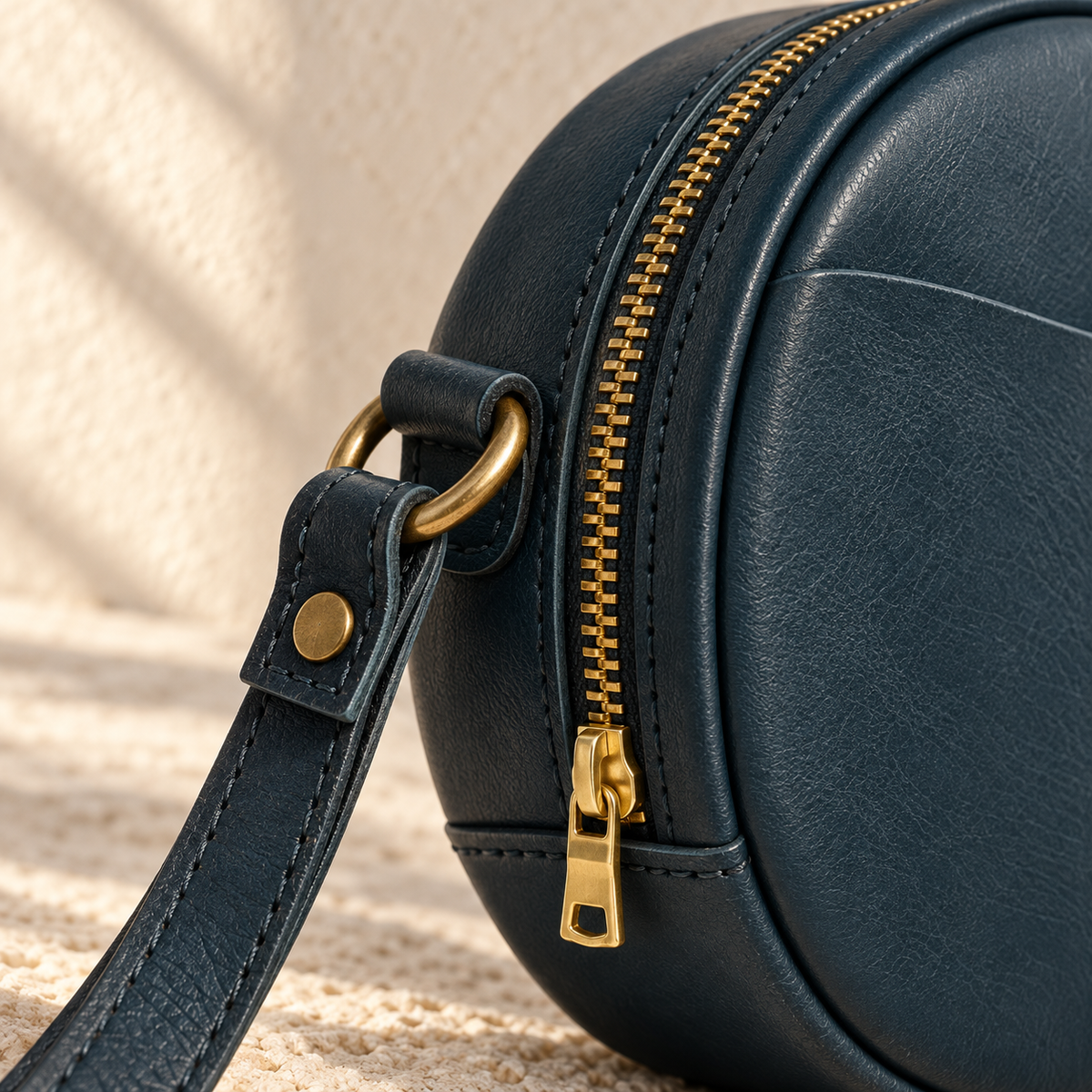 Detail of the illustrative circular crossbody showing raised piping and a strap ring on a riveted stitched tab.