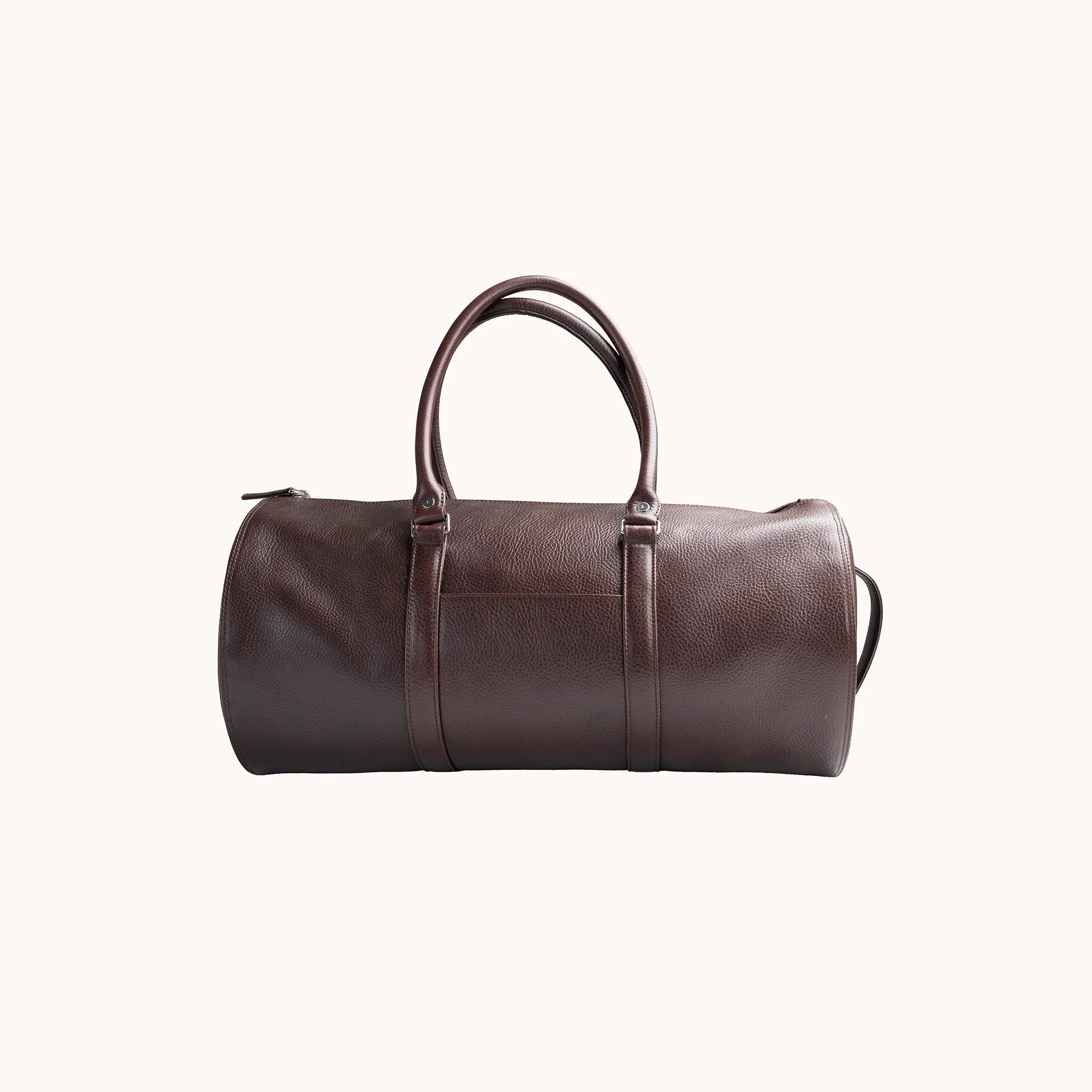 Lunburg Estate Club Bag in tumbled Deep Mahogany leather, front view with twin top handles and exterior trim.