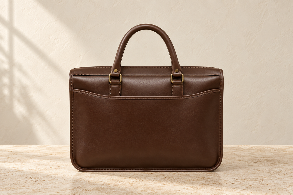 Illustrative slim rectangular briefcase with a broad curved-top exterior slip pocket, two rounded ring-mounted handles and small round fasteners.