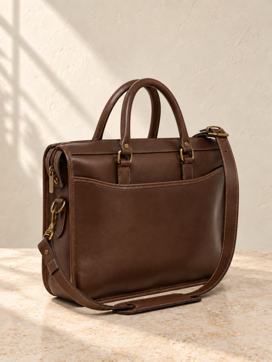 Side detail of the illustrative briefcase with a shallow gusset, top zip, D-ring on a pointed stitched tab and clipped adjustable shoulder strap.
