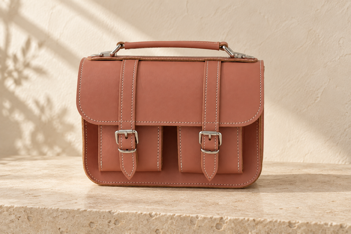Illustrative satchel with a curved-corner flap, twin buckles, two projecting front pockets and a short handle.