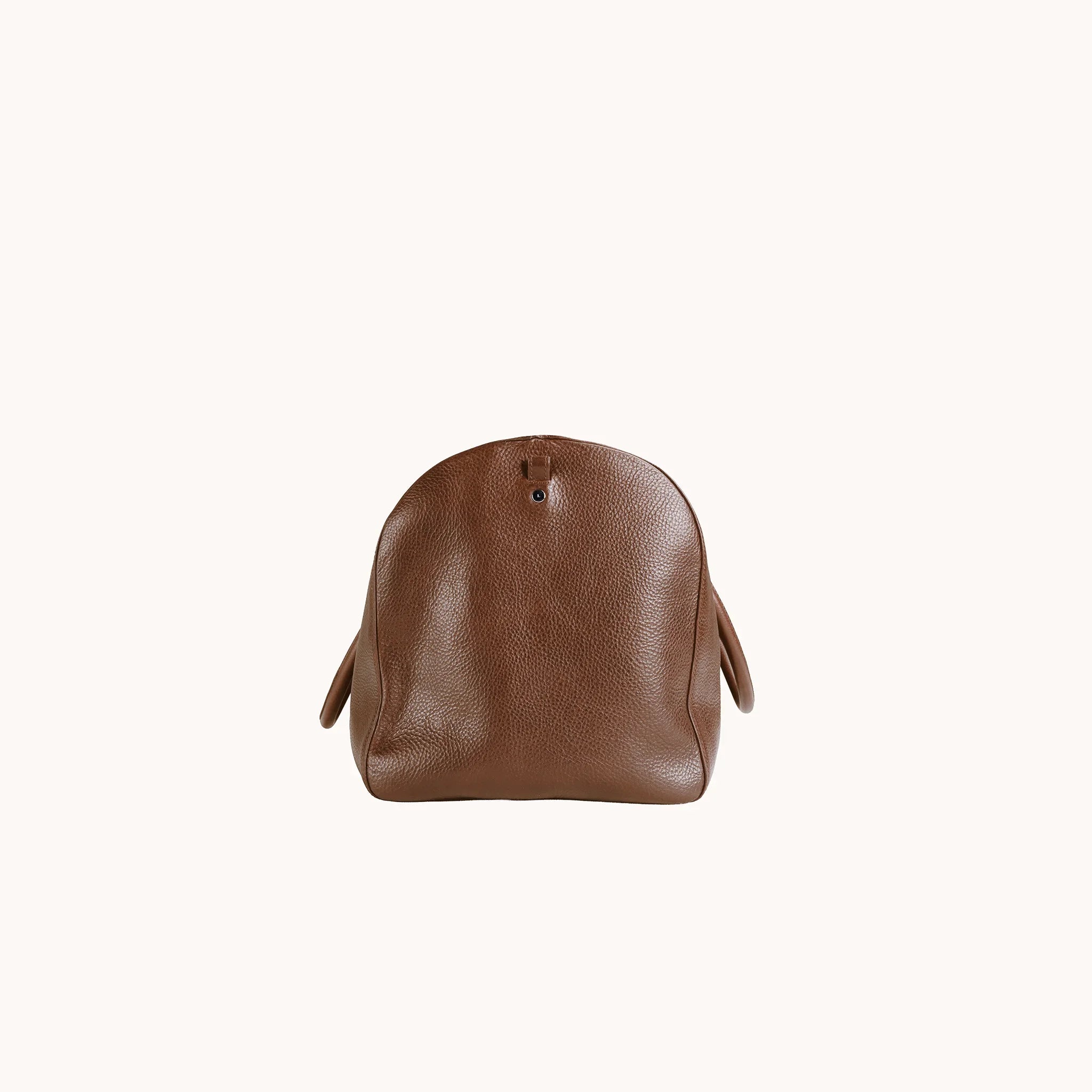 Lunburg Estate Duffle Bag in tumbled Heritage Amber leather, opposite side profile with side seam and base.