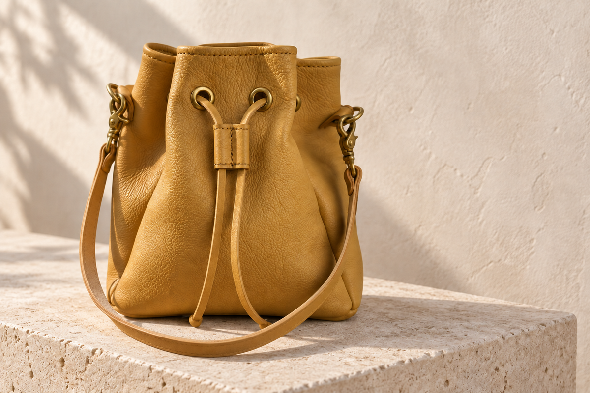 Illustrative bucket bag with flat drawcord ends through metal eyelets, a stitched keeper and clip strap on side rings.