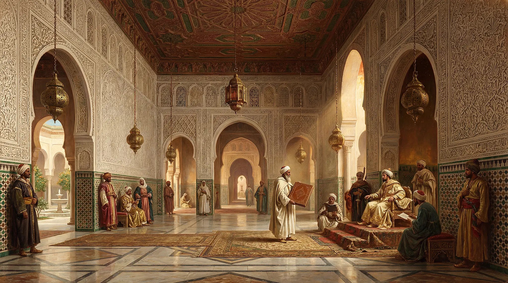 Orientalist painting depicting a Fassi master artisan and guild leader presenting a leather-bound folio to the sultan in the grand hall of the palace, courtiers and guild members gathered amid carved stucco, zellige tilework, and brass lanterns, evoking the centuries-old tradition of royal patronage that elevated Fassi leathercraft to its highest form and established the guild system that Lunburg's apprenticeship program continues today.