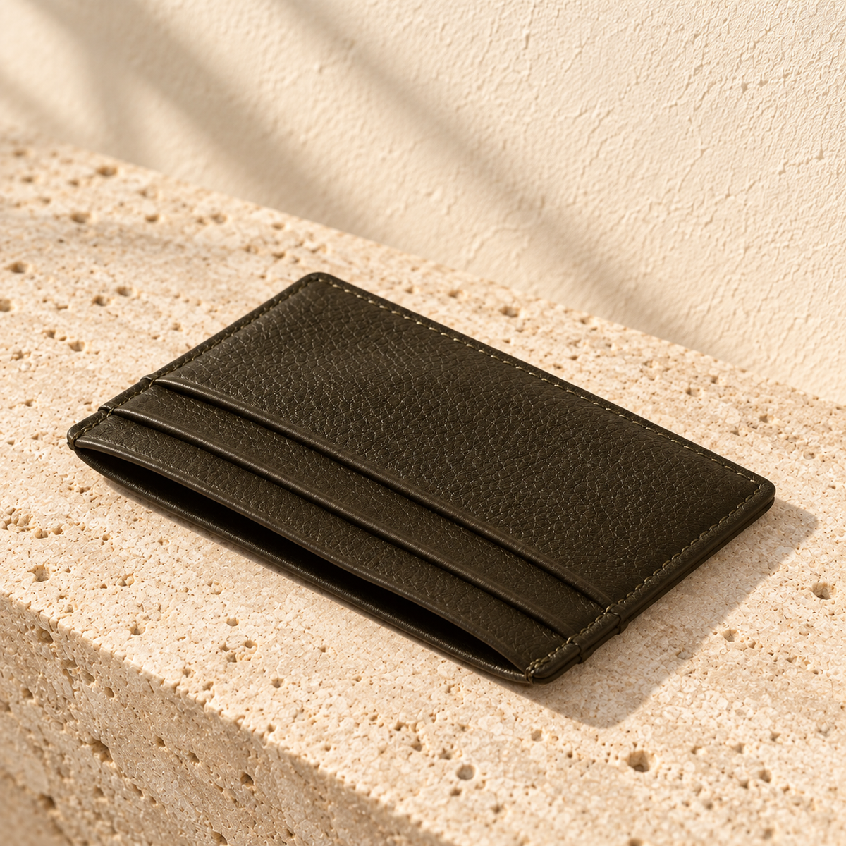 Illustrative flat pocket cardholder — angled view shows the same two-pocket face and a separate central opening between the outer faces.