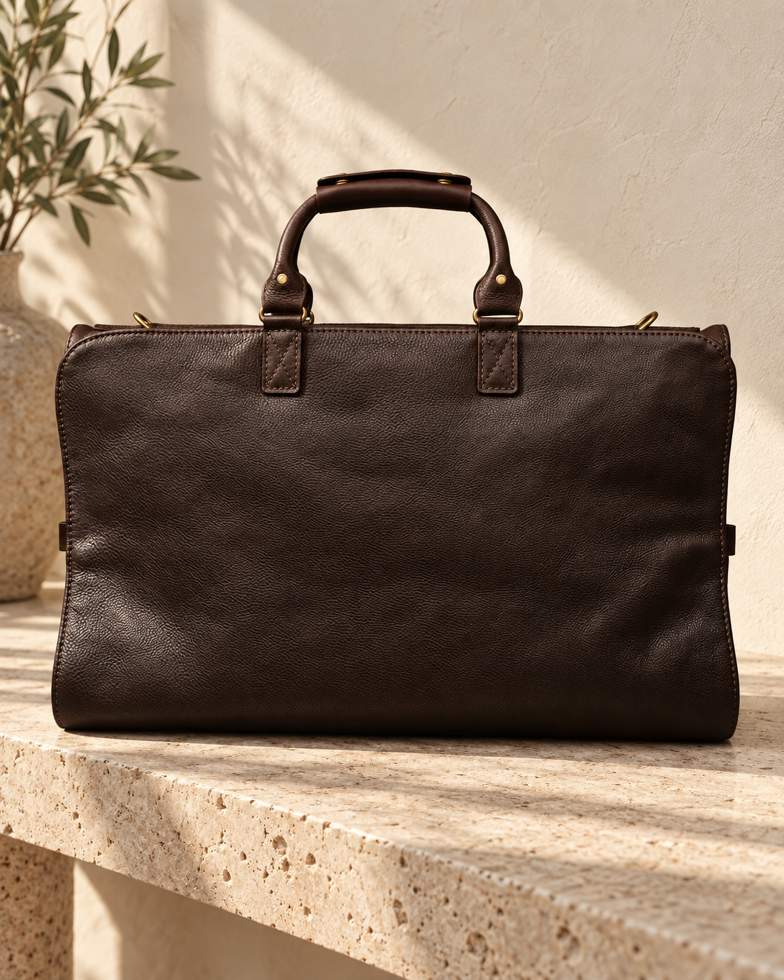 Illustrative folded rectangular garment carrier with paired short handles joined by a keeper, upper rings and a plain front.