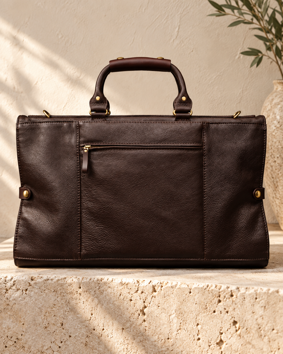 Rear of the illustrative garment carrier showing a horizontal zip pocket, vertical seams and side snap tabs.