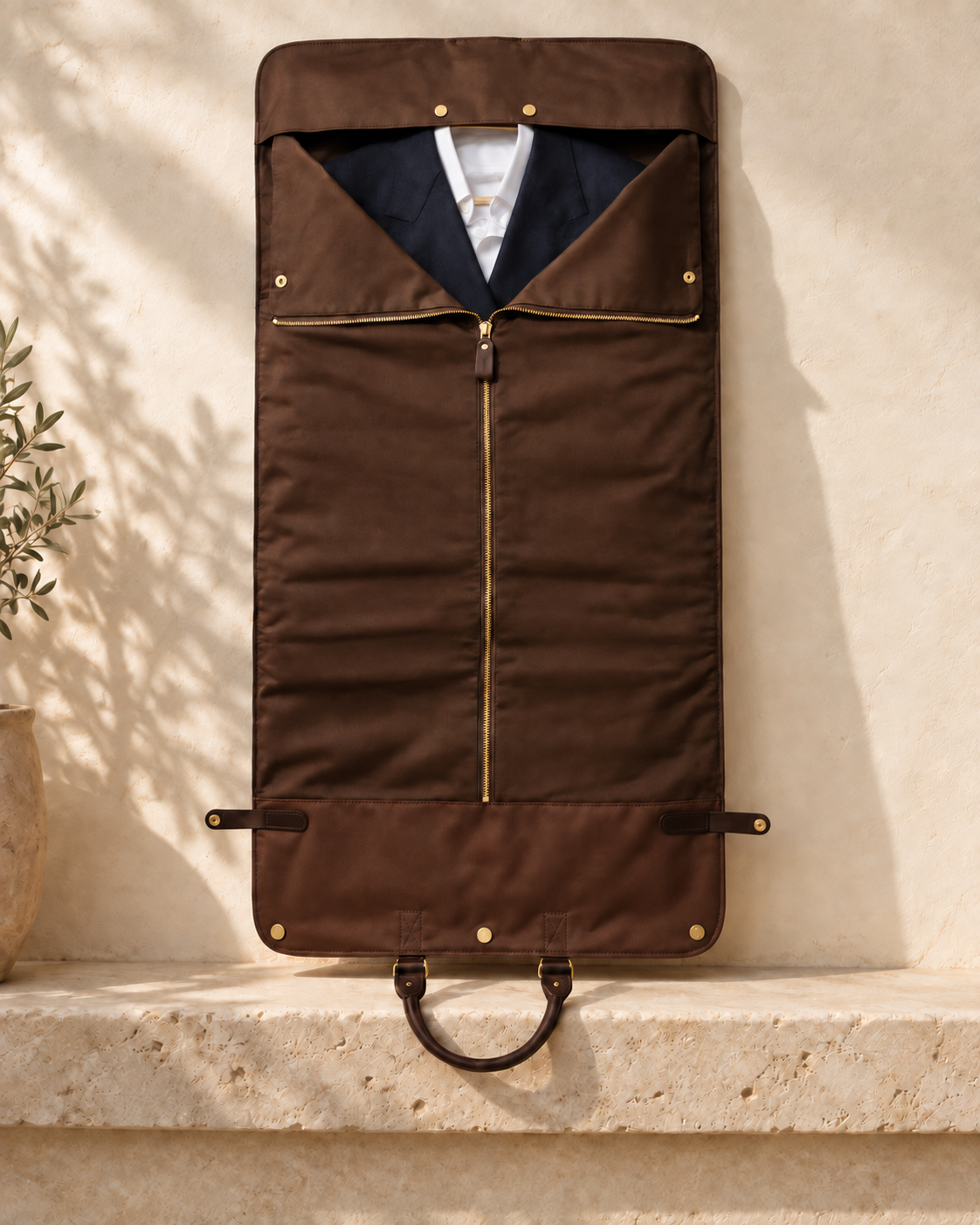 Extended illustrative garment carrier showing a central sleeve zip, top opening and surrounding snaps; clothing is a display prop.