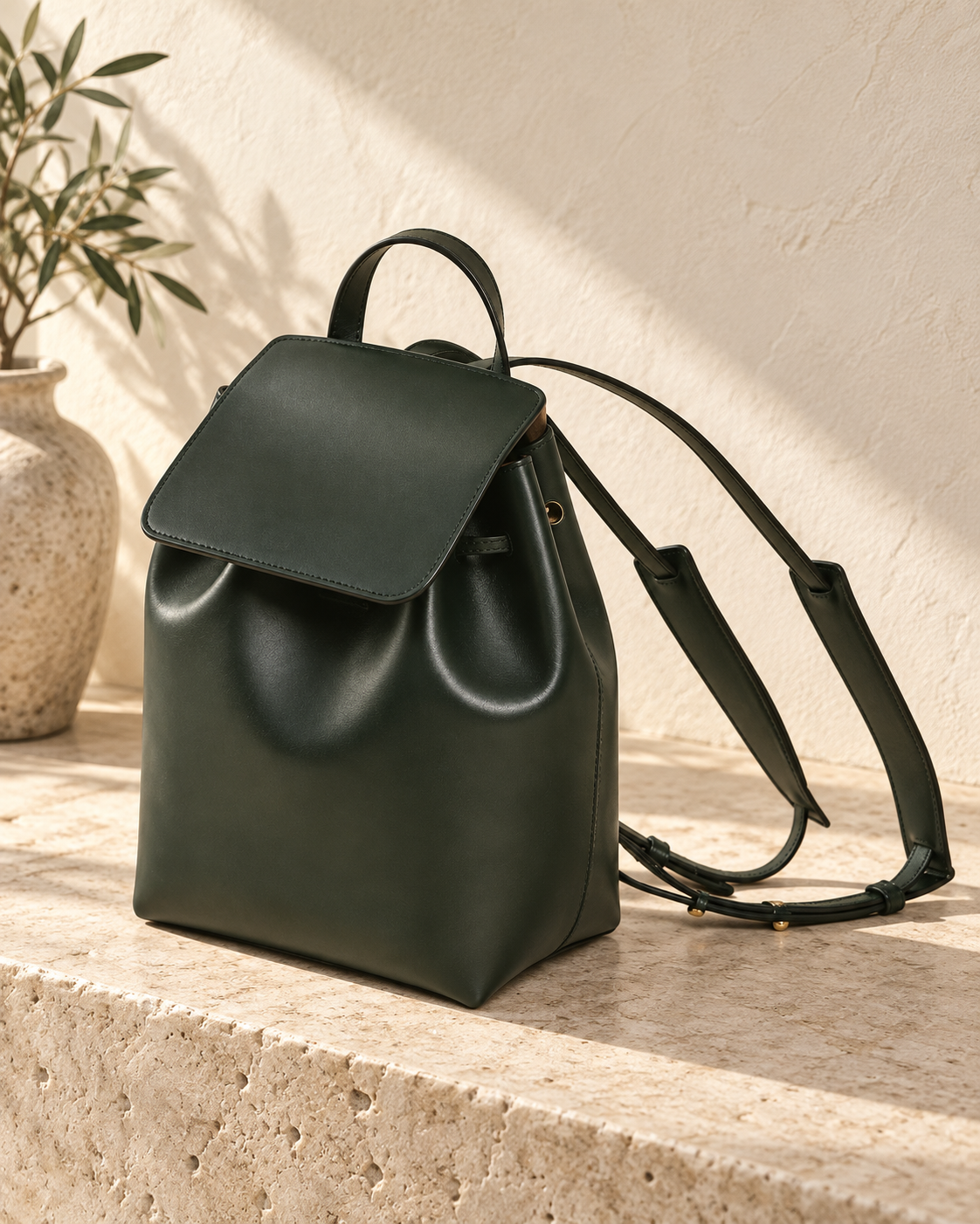 Side view of the illustrative gathered flap backpack showing a top carry loop and narrow shoulder straps with wider sliding pads.