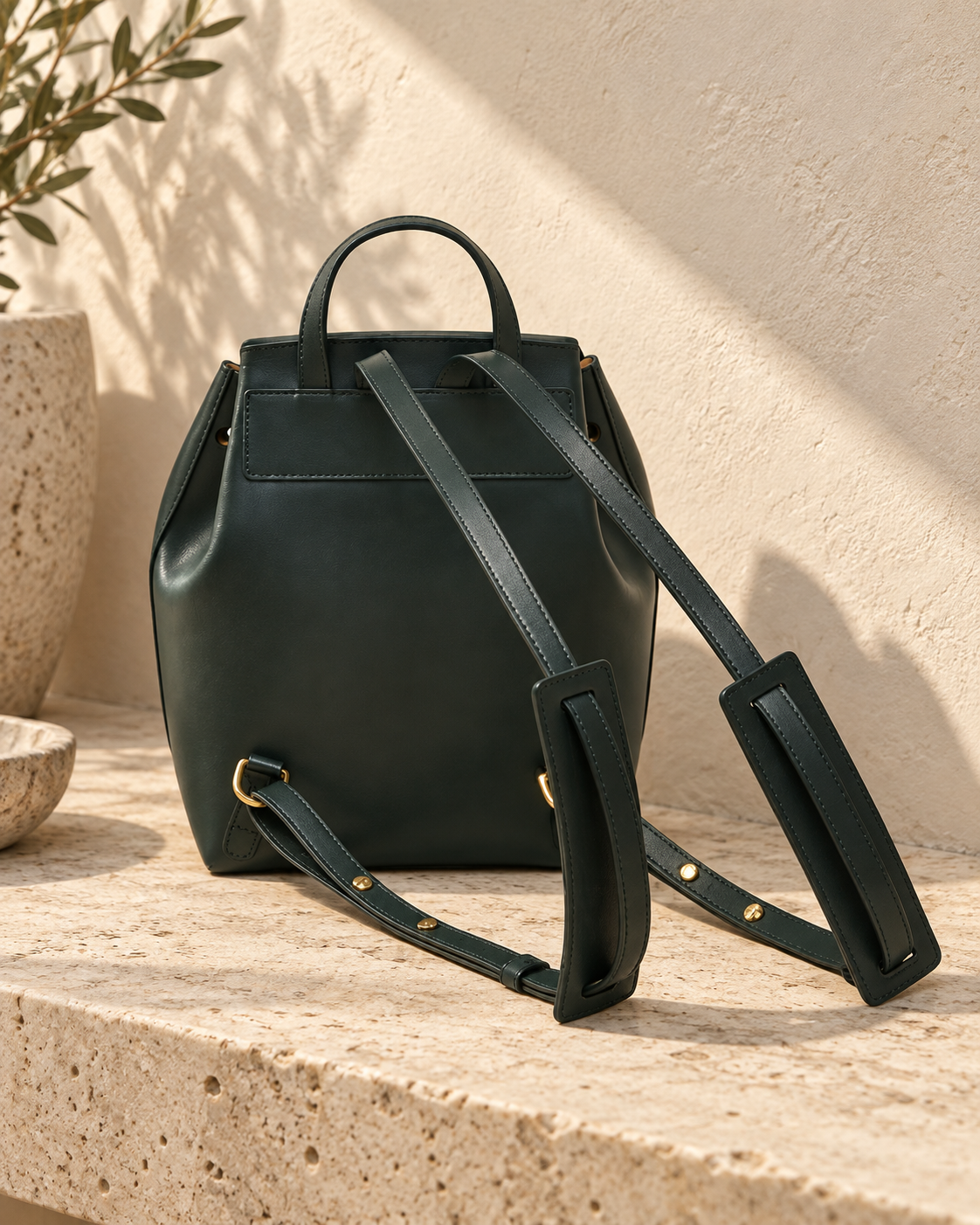 Rear detail of the illustrative gathered flap backpack showing a stitched rectangular attachment panel, lower rings and stud-adjusted straps.