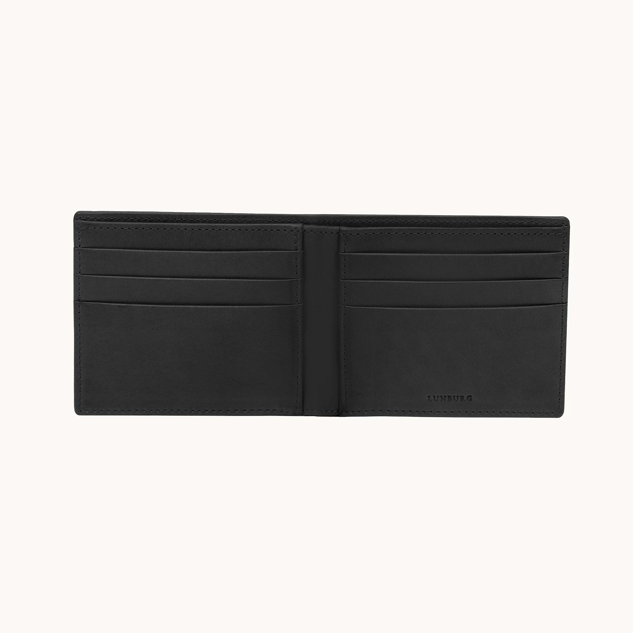 Lunburg Signet Horizontal Bifold in Burnt Timber, fully open interior view showing card slots on both panels and the heat-embossed Lunburg mark on the lower right, in vegetable-tanned Perpetual Leather (from Tempesti) with folded edge construction throughout.