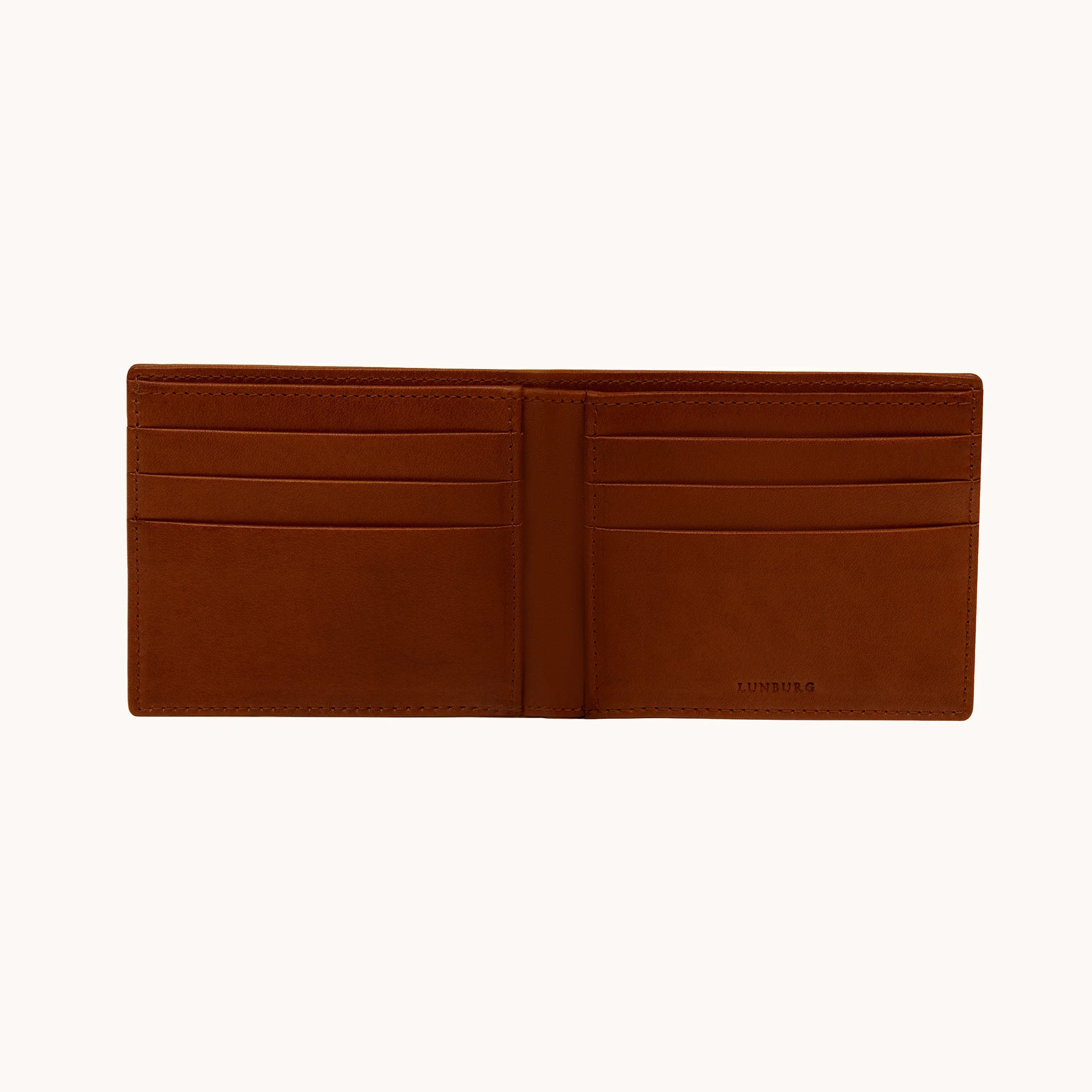 Lunburg Signet Horizontal Bifold in Deep Mahogany, fully open interior view showing card slots on both panels and the heat-embossed Lunburg mark on the lower right, in vegetable-tanned Perpetual Leather (from Tempesti) with folded edge construction throughout