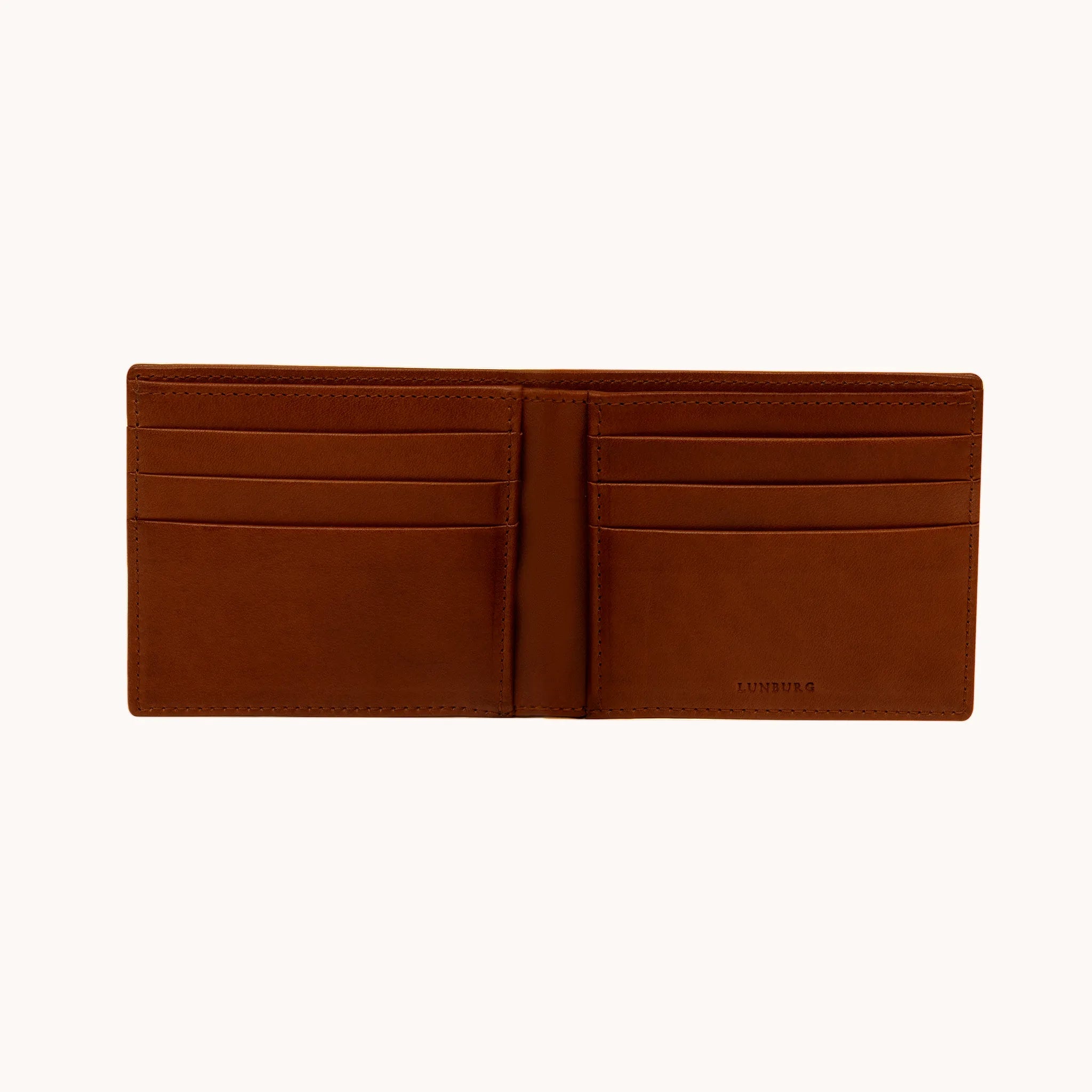 Lunburg Signet Horizontal Bifold in Deep Mahogany, fully open interior view showing card slots on both panels and the heat-embossed Lunburg mark on the lower right, in vegetable-tanned Perpetual Leather (from Tempesti) with folded edge construction throughout