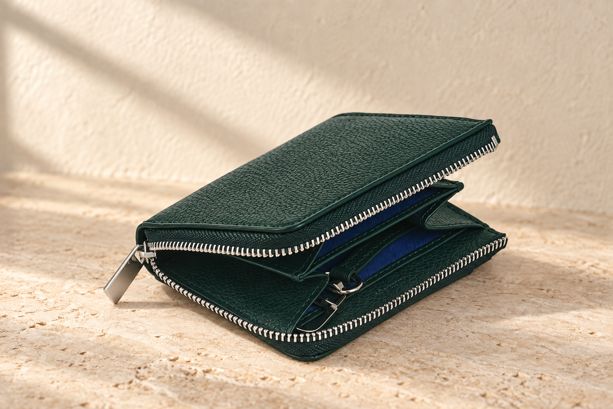 Illustrative l-zip window coin pouch — part-open zip reveals folded side sections, blue textile-looking lining and a metal key ring.