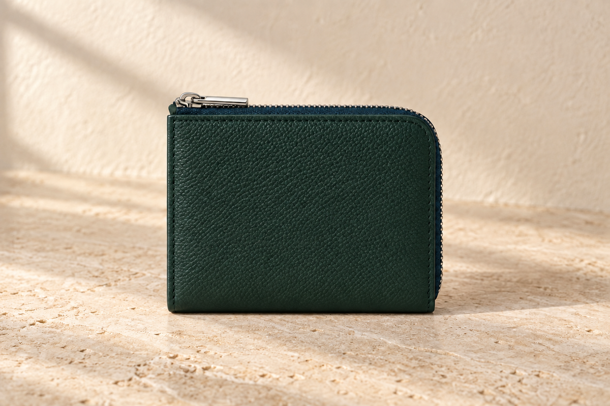 Illustrative l-zip window coin pouch — compact rectangular pouch with rounded upper corner, two-edge zipper and stitched perimeter.