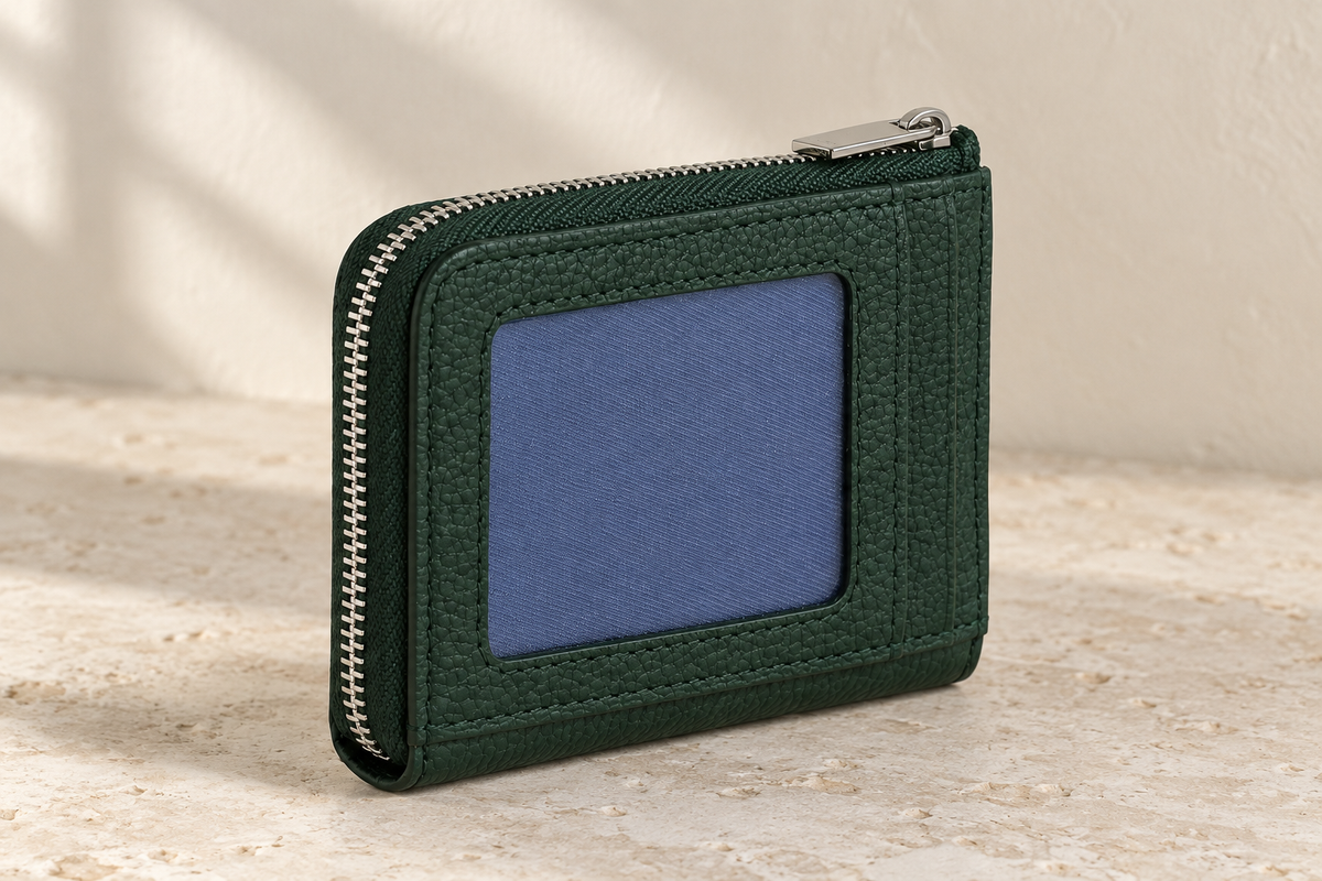 Illustrative l-zip window coin pouch — rear framed transparent-window area with blue insert/lining; narrow adjacent slot and zipper edge visible.
