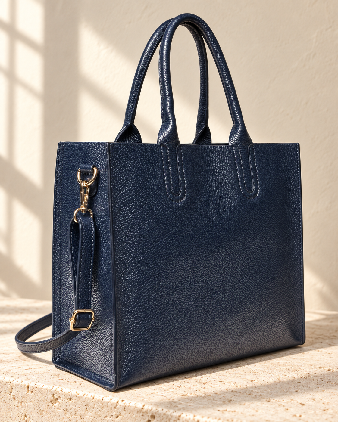 Three-quarter view of the illustrative tote showing flat side panels and outlined base joins.