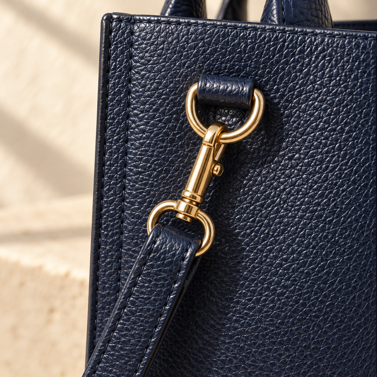 Detail of the illustrative tote’s strap clip attached to a ring on a stitched side tab.