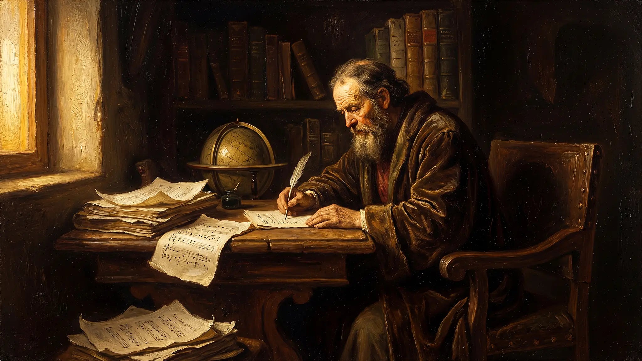 oil painting in the style of Rembrandt depicting an aged composer writing musical scores by candlelight at a wooden desk, surrounded by manuscripts, leather-bound volumes, and a globe evoking the concept of the magnum opus, the mature masterwork that inspires the name and philosophy behind the Lunburg Opus Briefcase collection.
