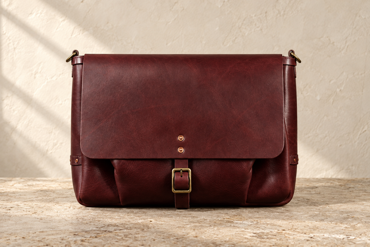 Illustrative pleated buckle messenger design with a broad rounded-corner flap, central buckle strap and two front pleats.