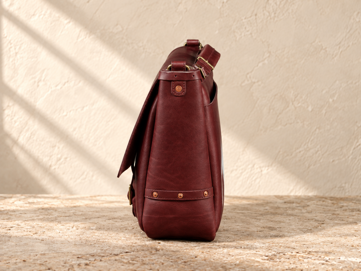 Side detail of the illustrative messenger showing a tapered deep gusset, three lower rivets, D-ring tab and exposed flap edge.