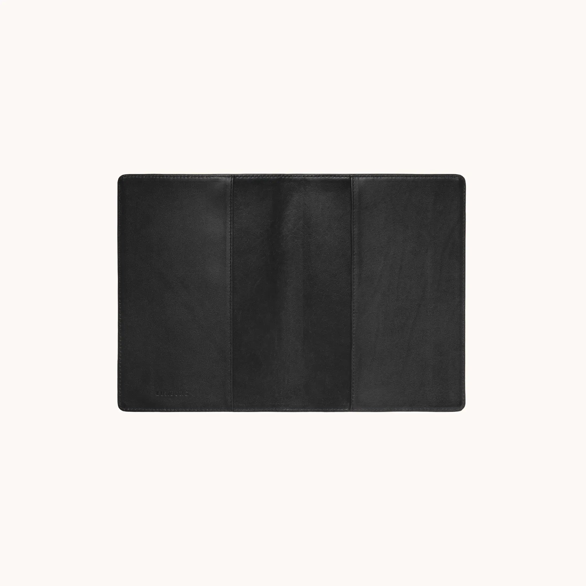 Lunburg Memoir Pocket Notebook Cover in Burnt Timber, fully open interior view showing the left and right tuck sleeves and the heat-embossed Lunburg mark on the lower left, in vegetable-tanned Perpetual Leather (from Tempesti) with folded edge construction throughout.