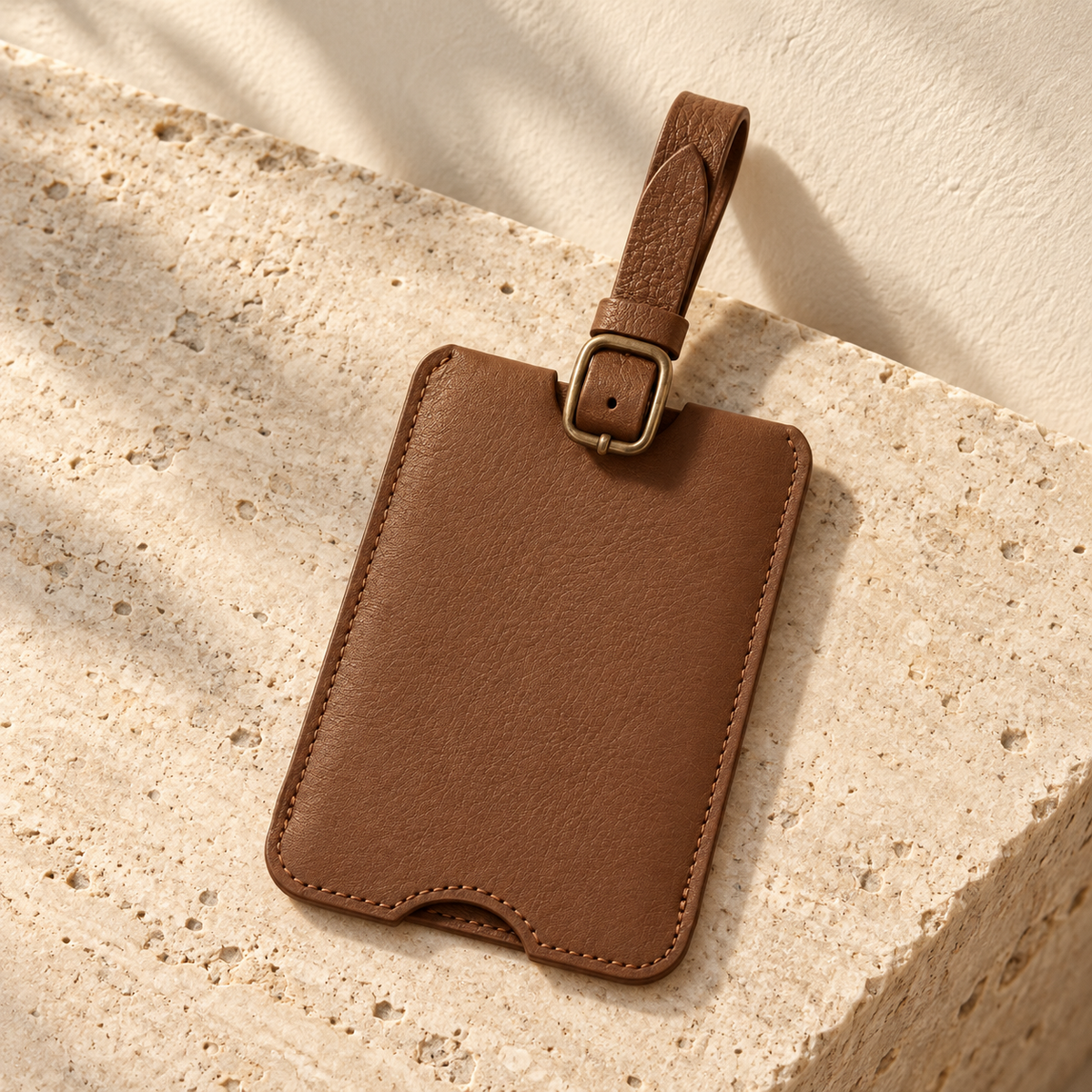 Illustrative pull-out-window luggage tag — rectangular brown sleeve with rounded lower corners, semicircular access notch and buckled attachment strap with keeper.