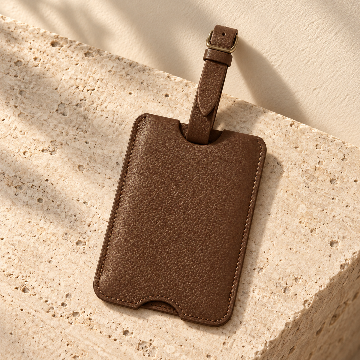 Illustrative pull-out-window luggage tag — opposite view shows the sleeve and strap routing; the hardware appears muted gold/brown in these images.