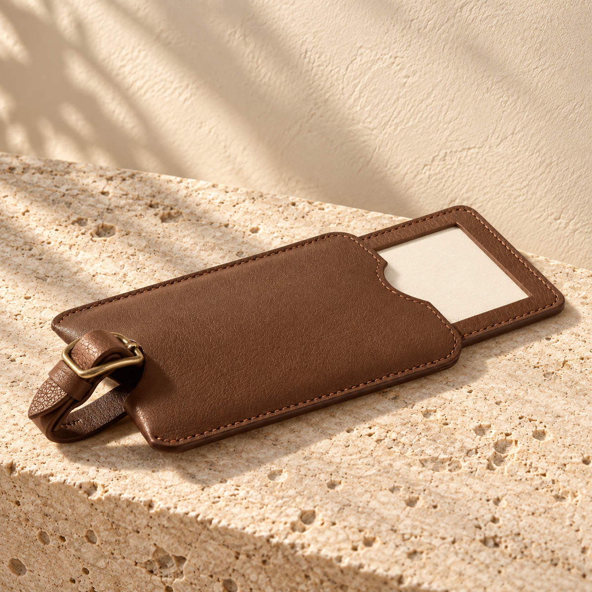 Illustrative pull-out-window luggage tag — detail shows a separate framed ID-window insert partly drawn out of the sleeve; no hinged privacy flap.