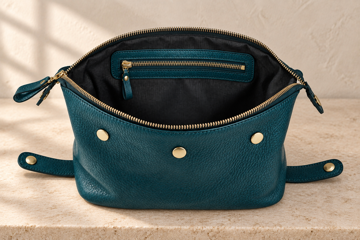 Open illustrative wash bag showing dark textile-looking lining, a framed wall zip pocket, side straps and three exterior snap heads.
