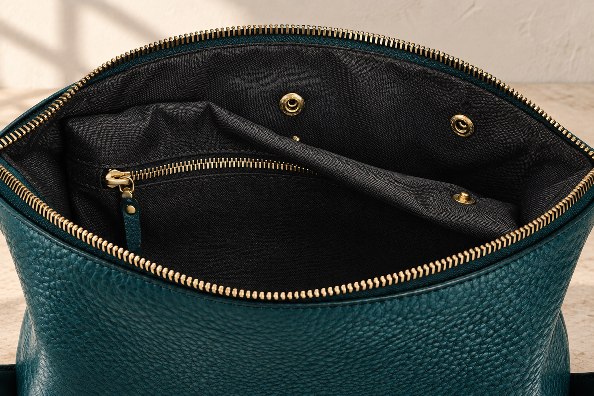 Detail of the illustrative wash bag showing a released zipped inner pouch, two exposed wall snap sockets and separate pouch and main zip tracks.