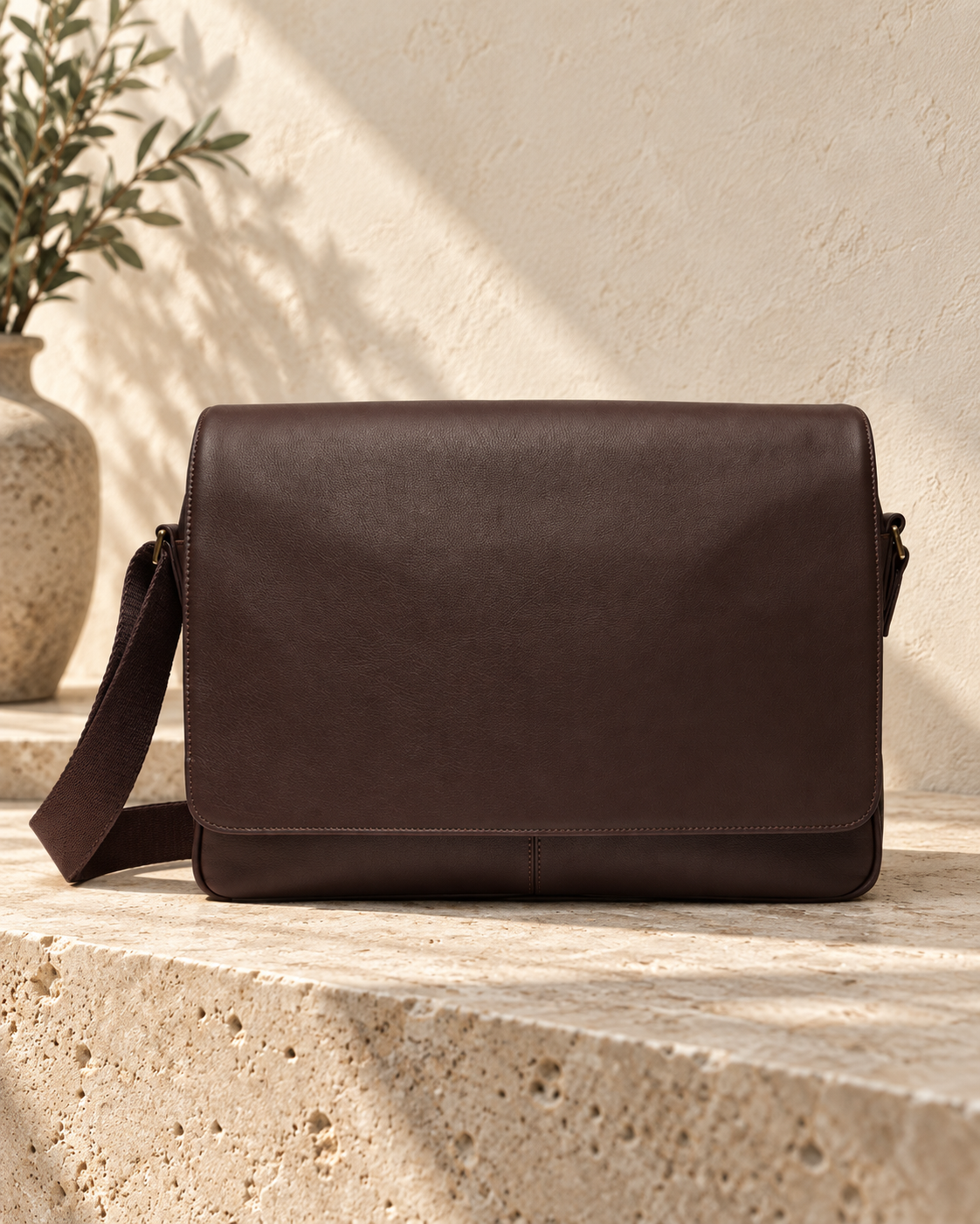 Illustrative slim messenger with a broad full flap, border stitching and a wide woven-looking shoulder strap.