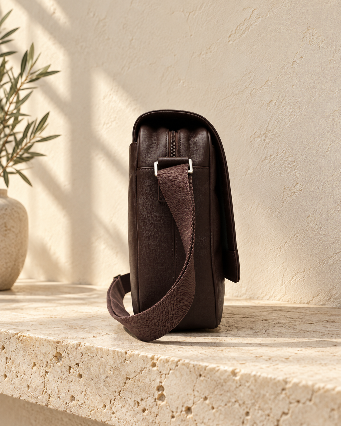 Side view of the illustrative messenger showing its shallow body, strap attachment loop and zip beneath the flap.