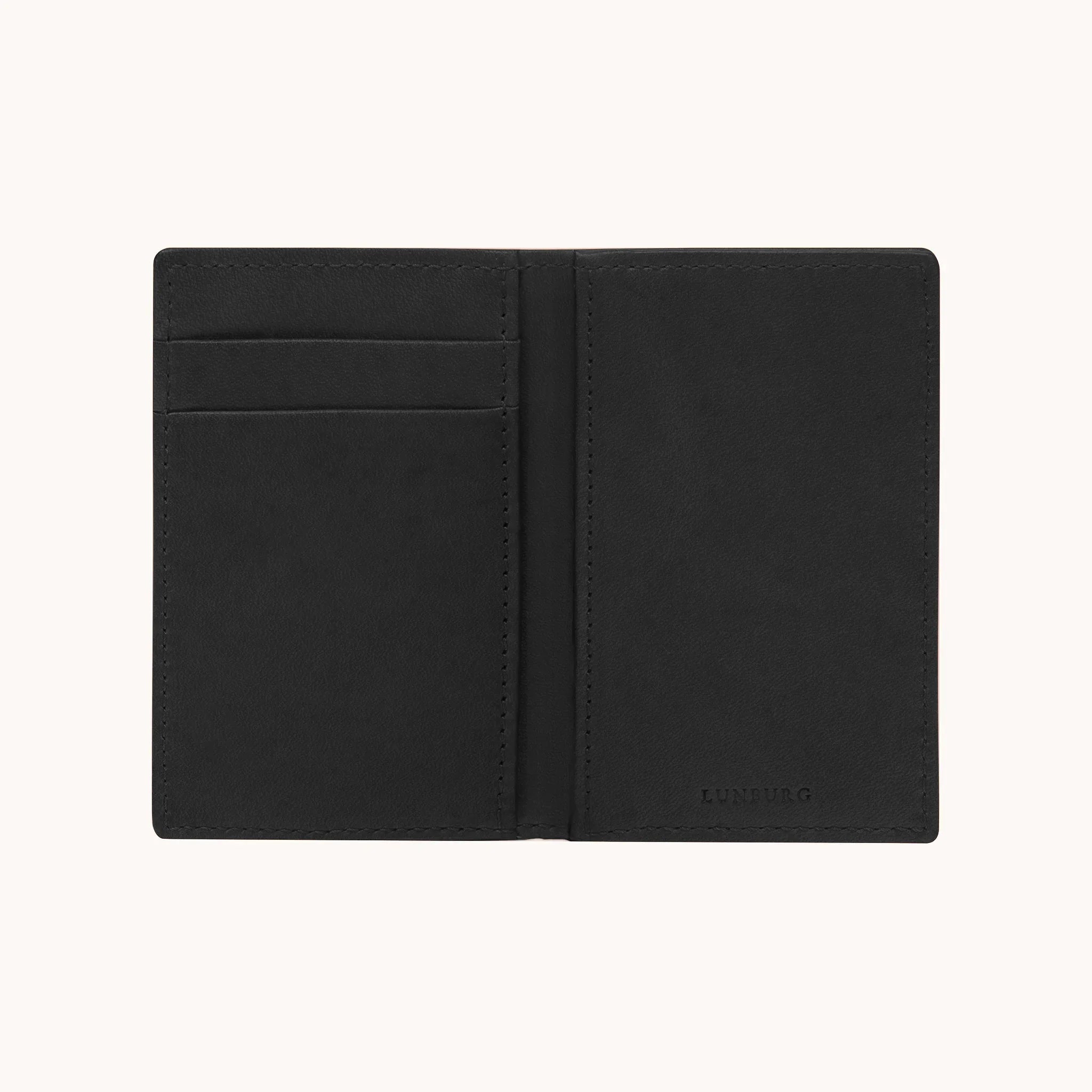 Lunburg Signet Small Vertical in Burnt Timber, fully open interior view showing card slots on the left panel, a large open pocket on the right panel, and the heat-embossed Lunburg mark on the lower right, in vegetable-tanned Perpetual Leather (from Tempesti) with folded edge construction throughout.