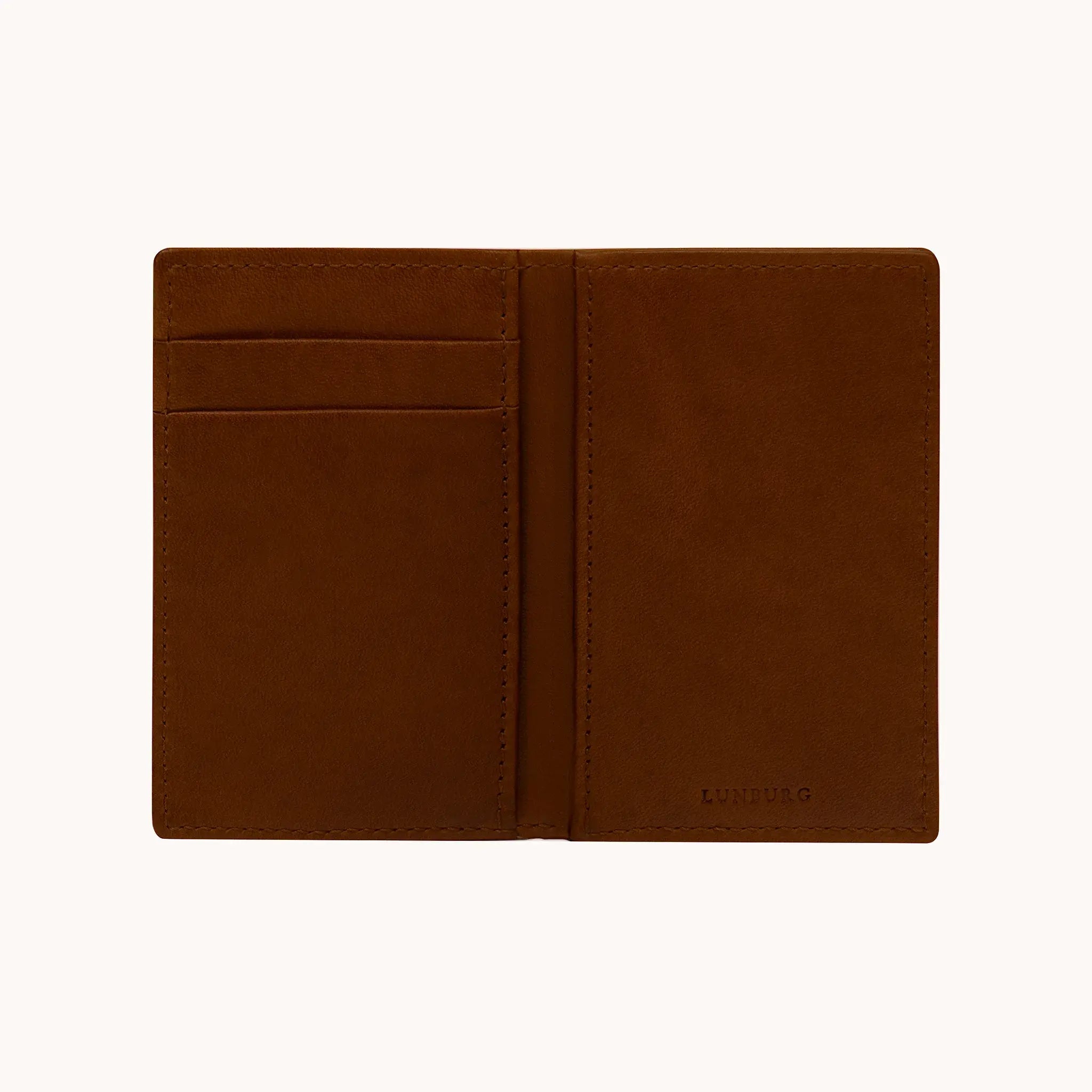 Lunburg Signet Small Vertical in Deep Mahogany, fully open interior view showing card slots on the left panel, a large open pocket on the right panel, and the heat-embossed Lunburg mark on the lower right, in vegetable-tanned Perpetual Leather (from Tempesti) with folded edge construction throughout.