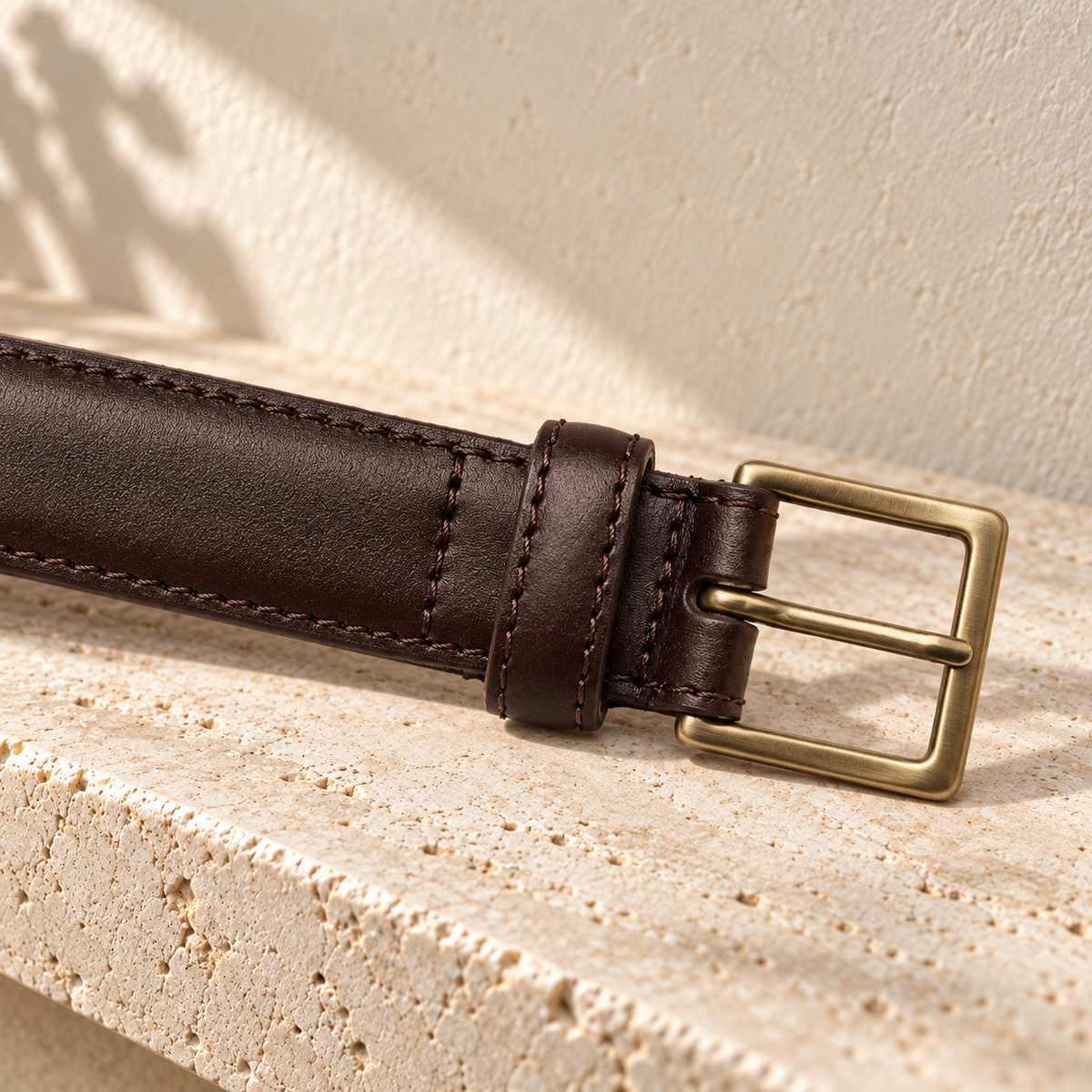 Illustrative stitched tang-buckle belt — buckle macro shows folded strap around the buckle bar, transverse stitching at the root and a stitched keeper.