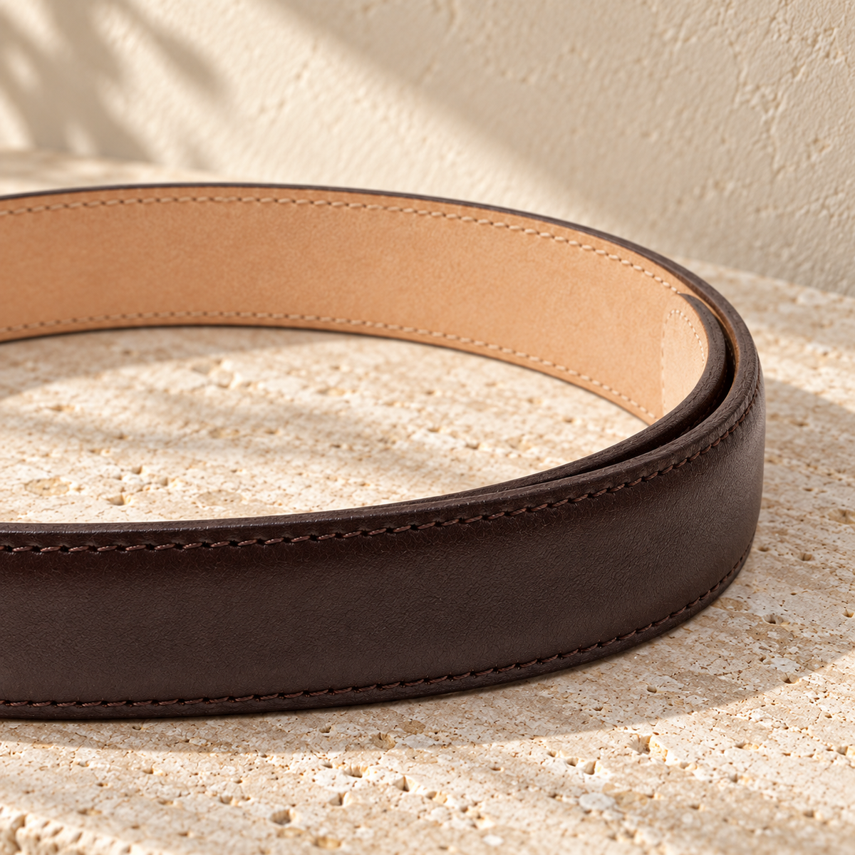 Illustrative stitched tang-buckle belt — strap macro shows contrasting underside and edge stitch lines; the tip and adjustment-hole run are outside the shown area.
