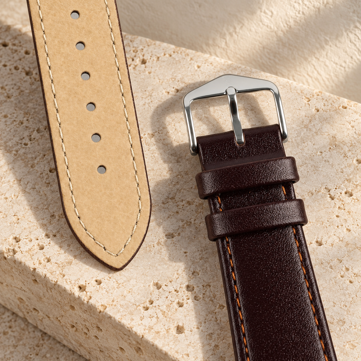 Illustrative tapered tang-buckle watch strap, view 2: pale underside and adjustment holes shown beside the buckle half and its two keepers.
