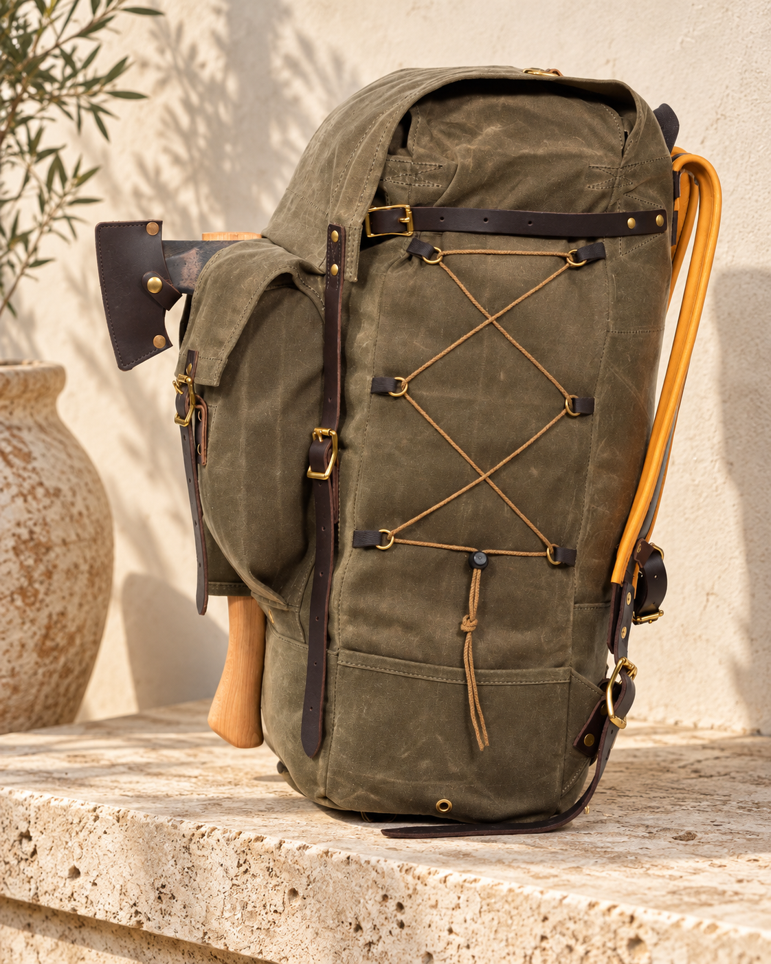 Side view of the illustrative textile-body backpack showing lacing through loops and an upper horizontal buckle strap.