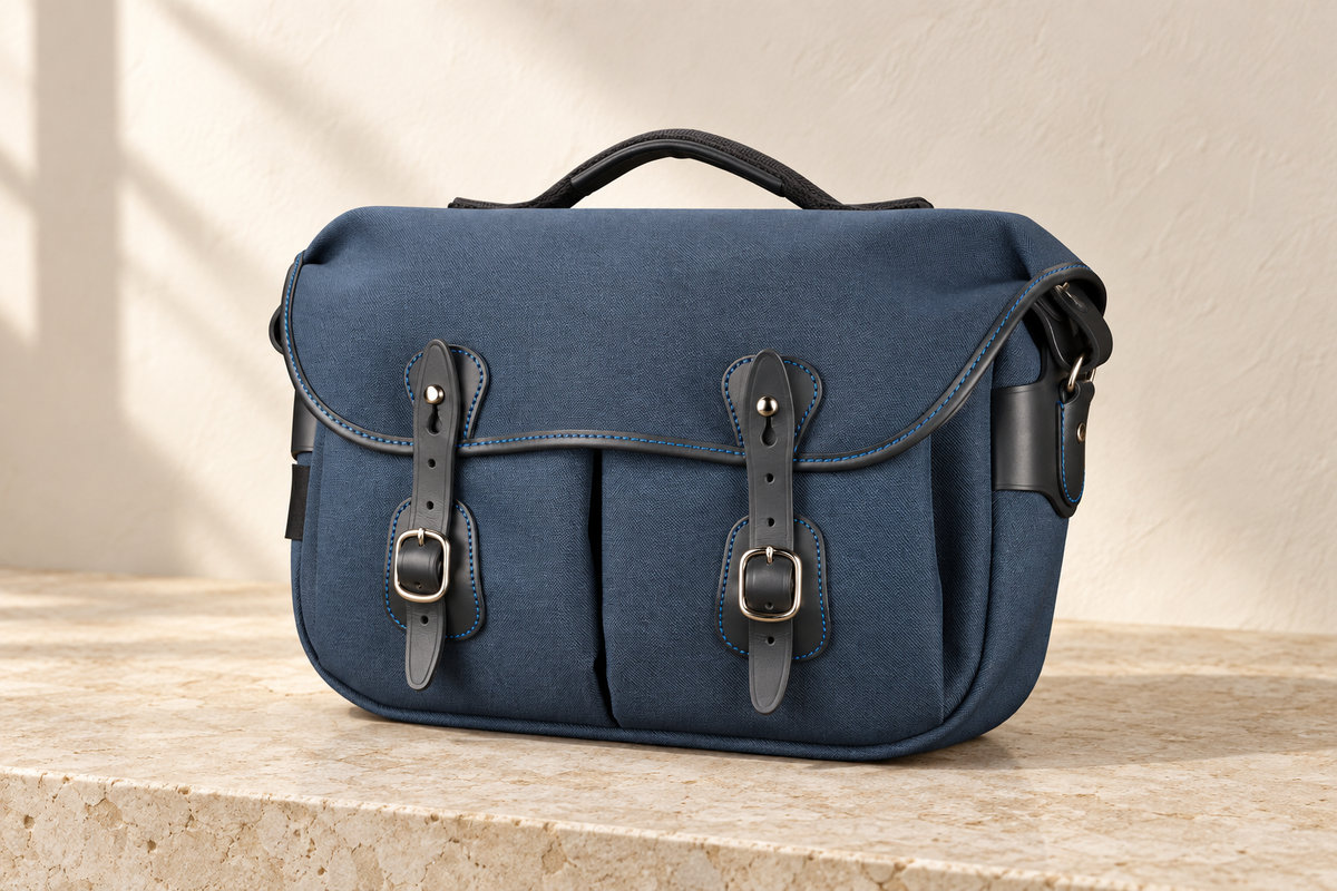 Illustrative blue woven-textile equipment bag with a curved flap, dark leather-looking bindings, two long buckle straps, front pockets and top handle.