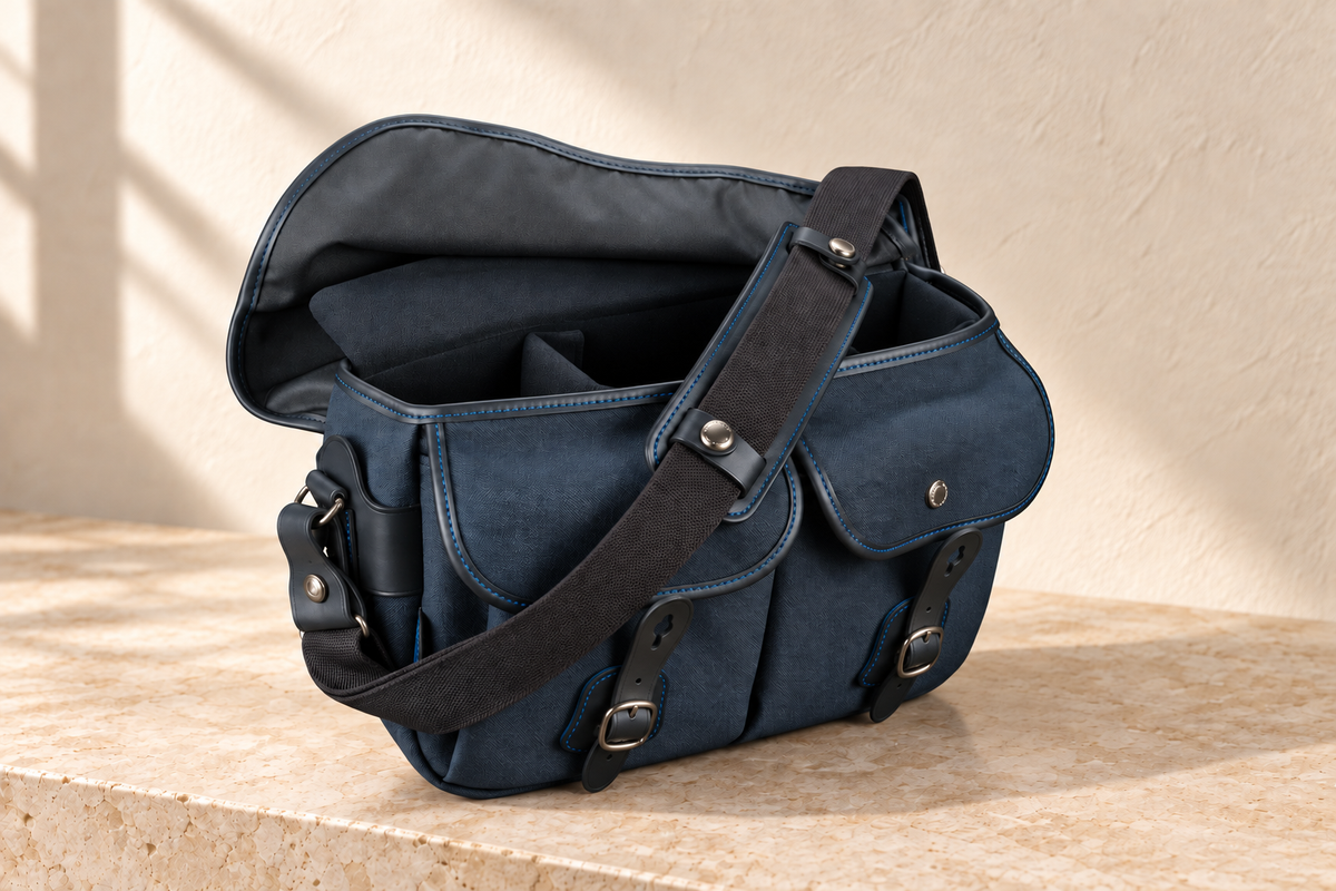Open illustrative equipment bag with padded-looking dividers and an inner cover, partly obscured by the shoulder sling and its snap-fastened pad straps.