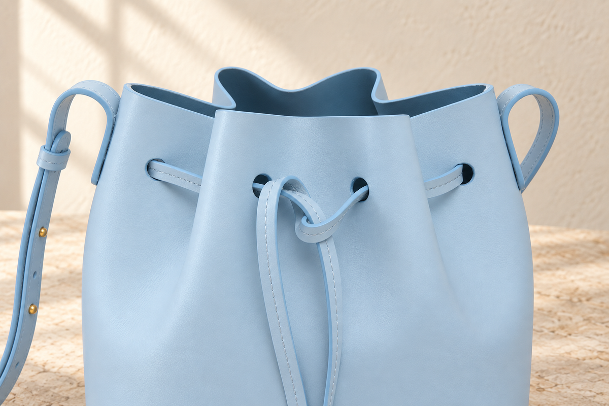 Detail of the illustrative bucket bag showing a stitched flat drawstring threaded through plain punched holes.