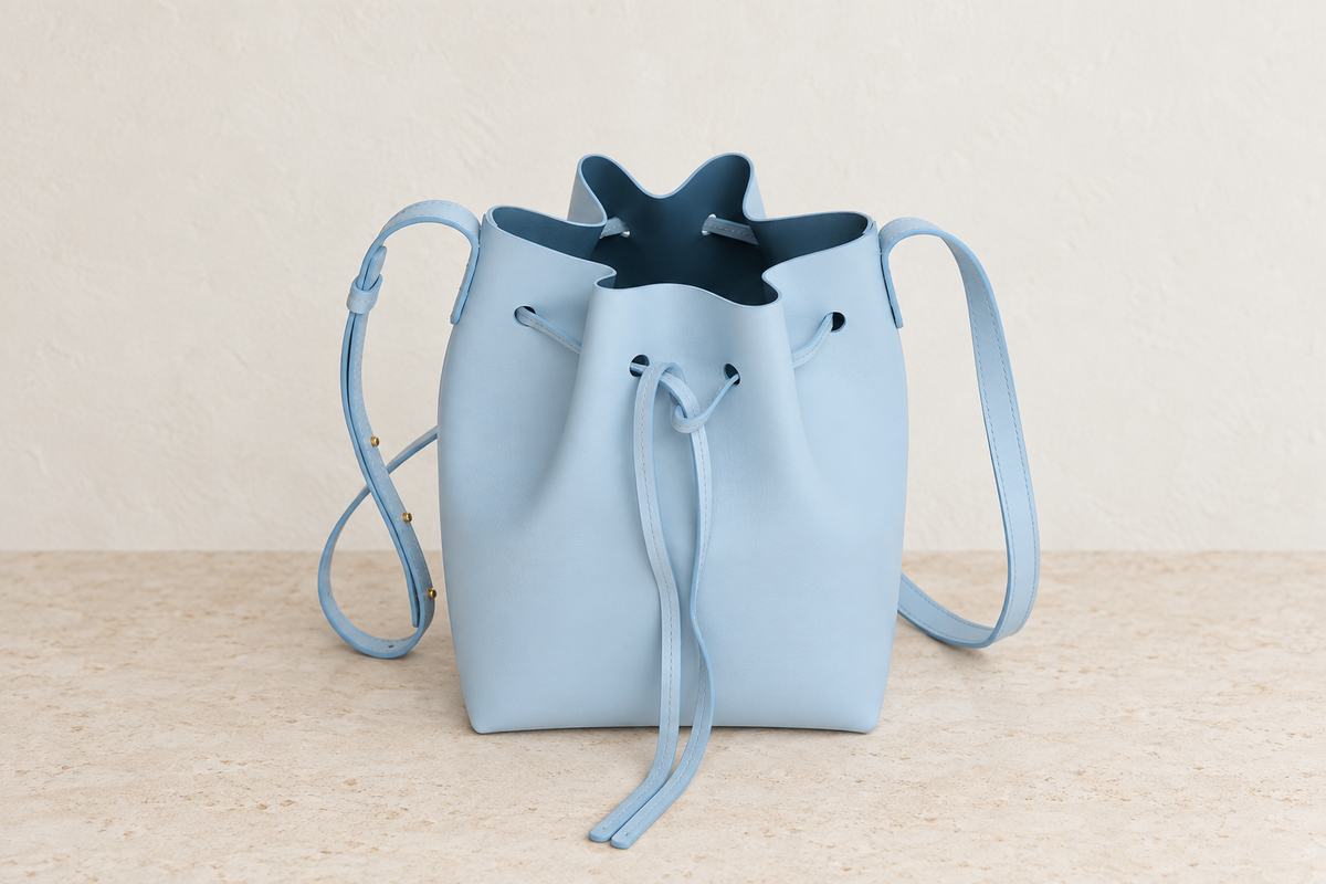 Untied illustrative bucket bag showing the hanging drawstring and upper inner wall between folds at the mouth.