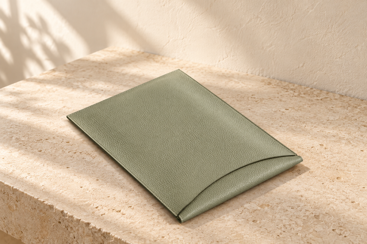 Illustrative unfolding work-surface sleeve — thin flat sage-green sleeve with broad curved closure edge and stitched perimeter.