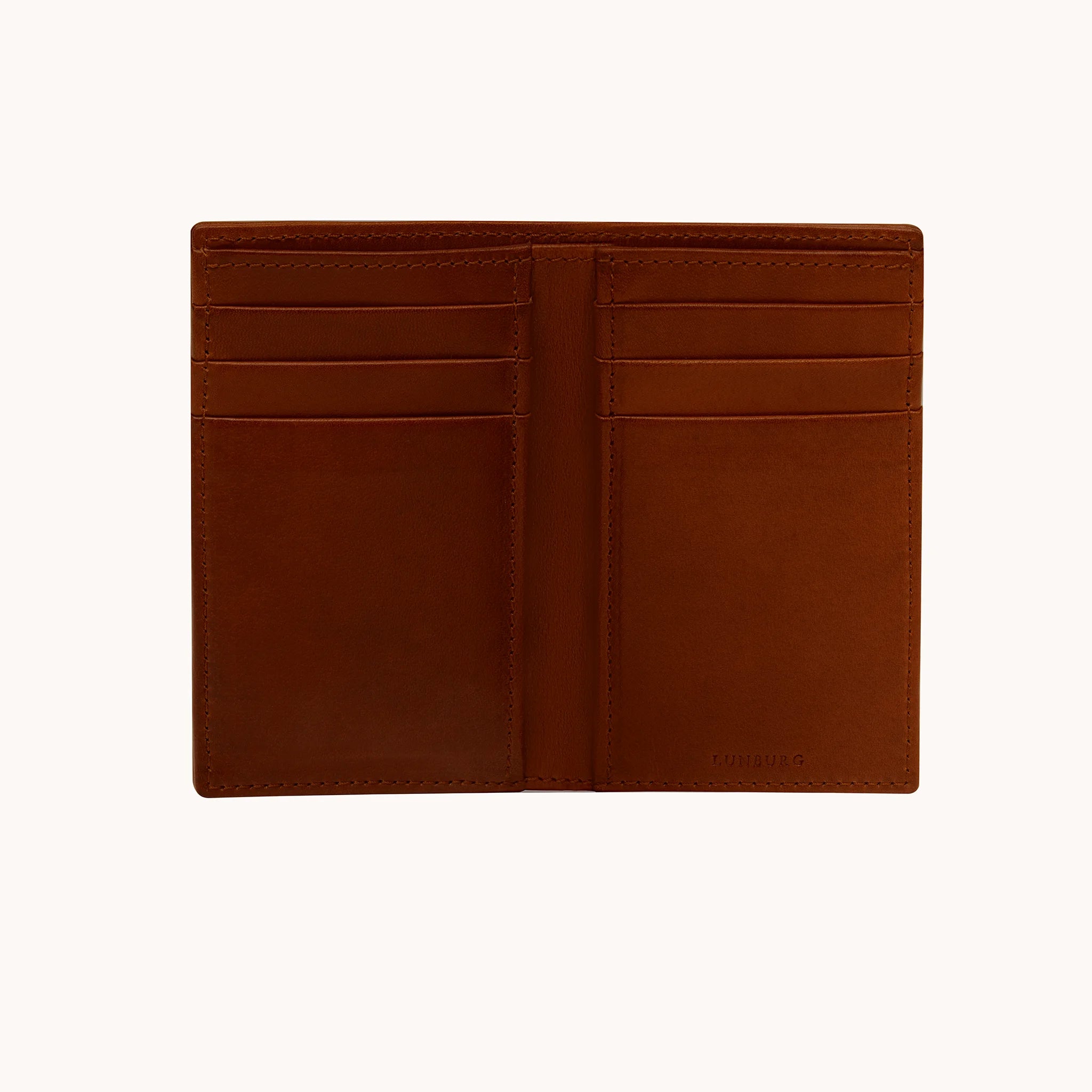 Lunburg Signet Vertical Bifold in Deep Mahogany, fully open interior view showing card slots on both panels and the heat-embossed Lunburg mark on the lower right, in vegetable-tanned Perpetual Leather (from Tempesti) with folded edge construction throughout.