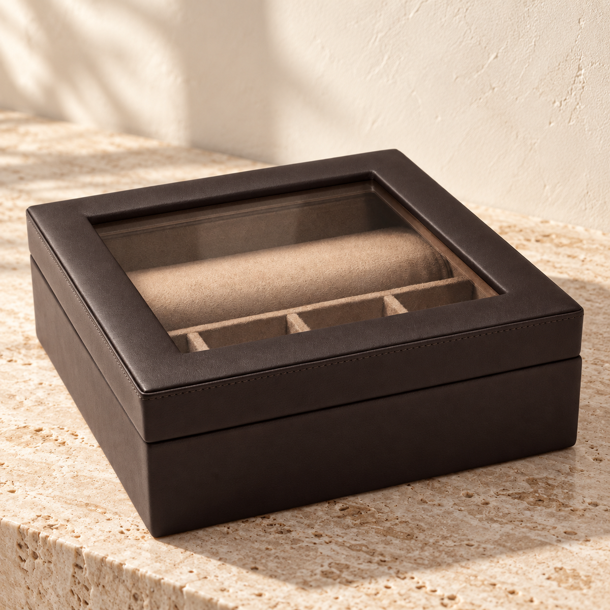 Illustrative window-lid collector case, view 1: closed rectangular collector case with a transparent-looking window in the framed lid.