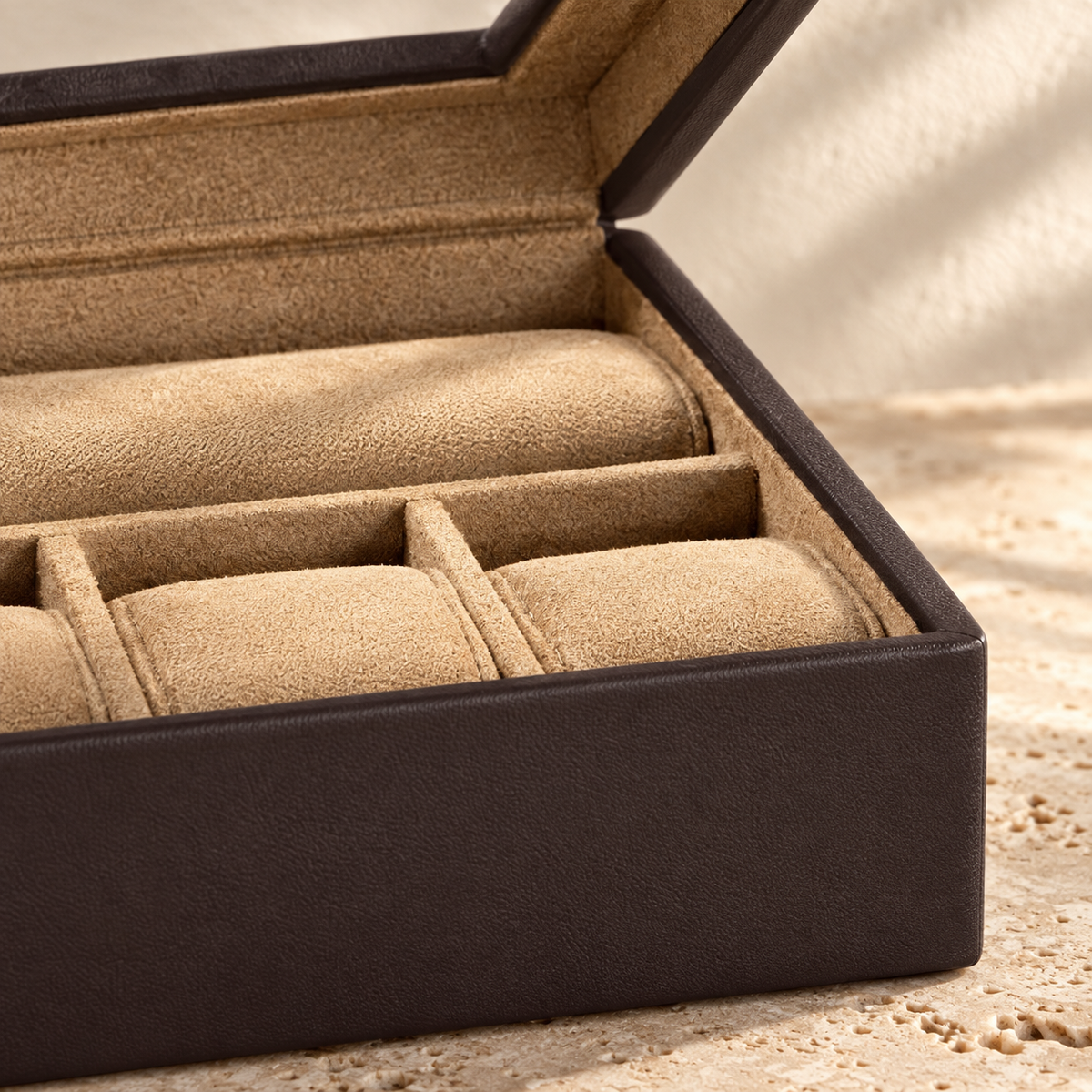 Illustrative window-lid collector case, view 3: interior close view shows two adjacent front cushion bays, dividing walls and the long rear cushion.