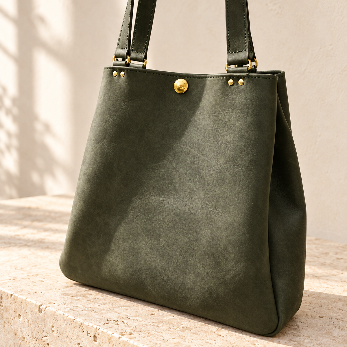 Illustrative wing-gusset tote showing inward-folding sides and ring-connected strap mounts.